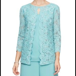 Alex Evenings Scallop Sequin Lace Faux Twin Set Seafoam Size 1X